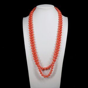 Kissaka 58" Long Necklace Orange Glass Ball Beads Hand Knotted Faux Coral Signed